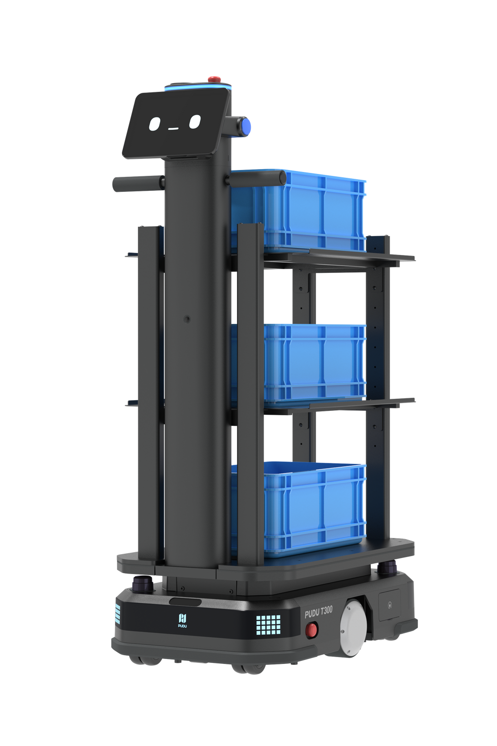 Pudu t300 warehouse delivery robot carrying boxes with shelf accessory