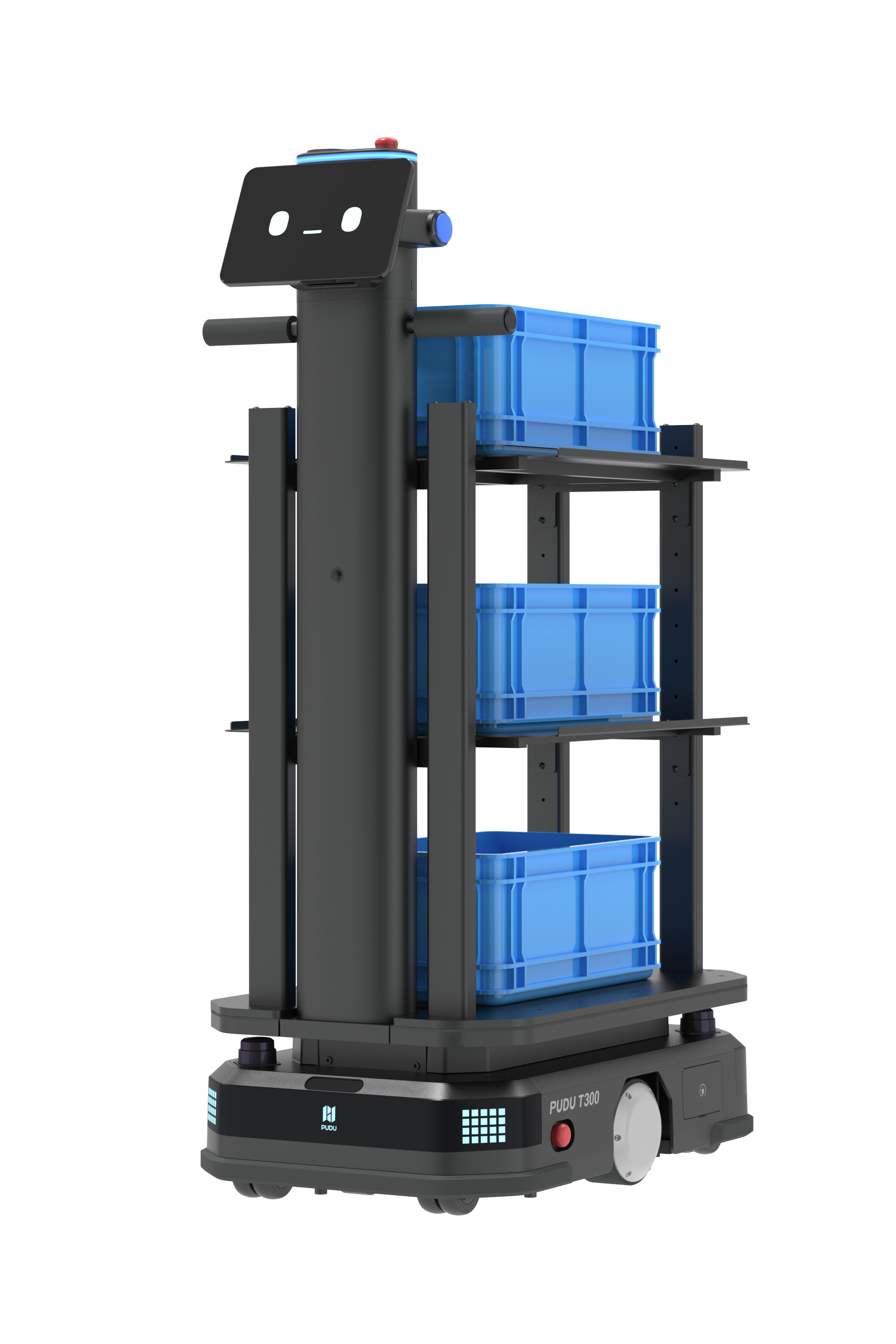 Pudu t300 warehouse delivery robot carrying boxes with shelf accessory
